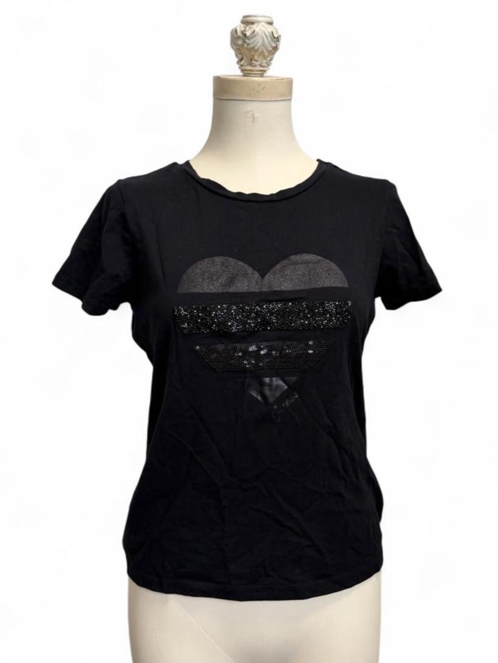 Guess Black Short Sleeve Heart Graphic Tee with Sequin Accents